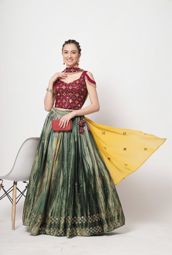 Green Chinon Silk Semi-Stitched Lehenga with Sequence Embroidery