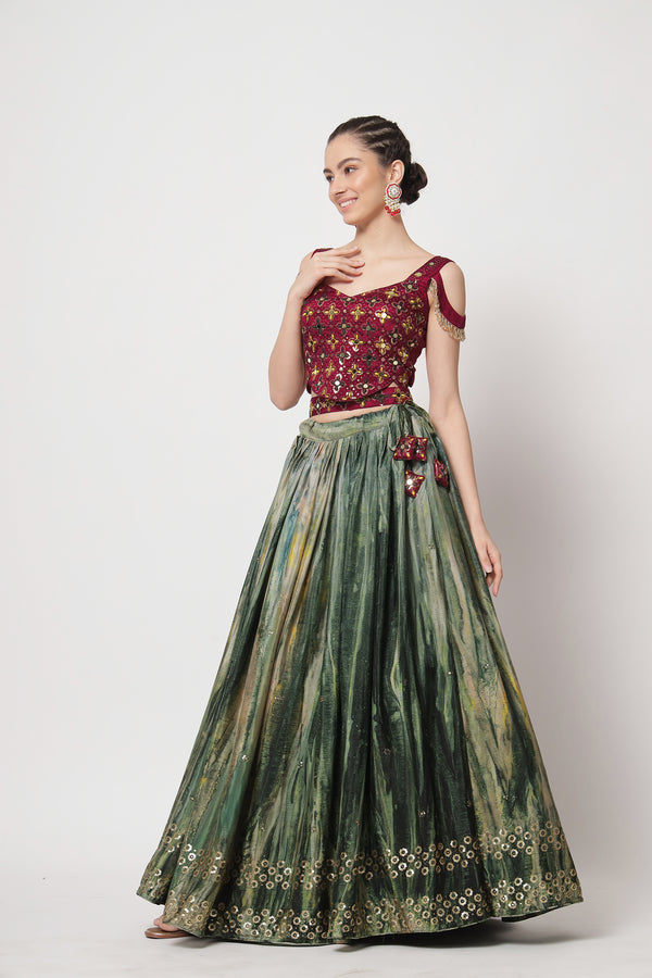 Green Chinon Silk Semi-Stitched Lehenga with Sequence Embroidery
