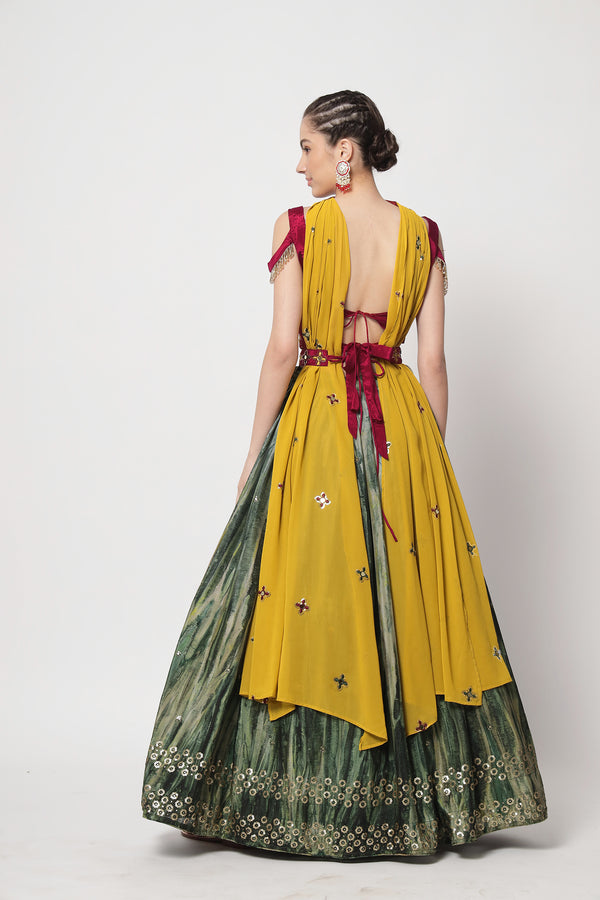 Green Chinon Silk Semi-Stitched Lehenga with Sequence Embroidery