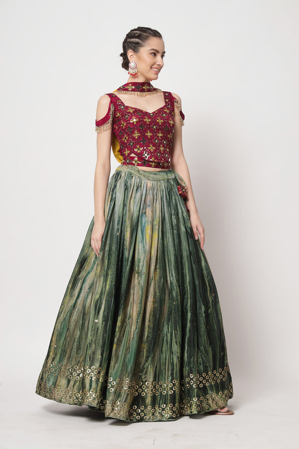 Green Chinon Silk Semi-Stitched Lehenga with Sequence Embroidery