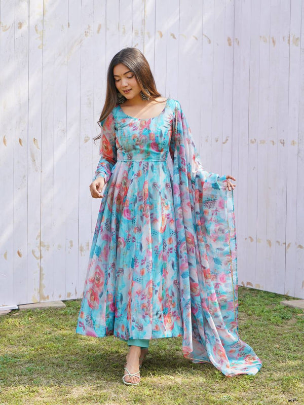 Elegant Tabby Organza Silk Anarkali Set – Fully Stitched with Dupatta & Pant
