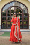 Russian Silk Gown with Dupatta Elegant Embroidered Ensemble