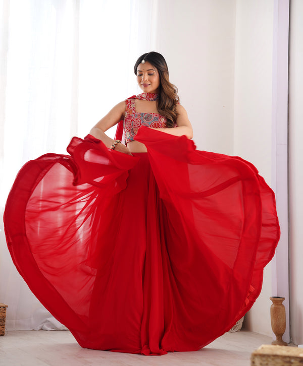 Exquisite Red Fox Georgette Lehenga Choli – Fully Stitched with Embroidered Blouse & Dupatta