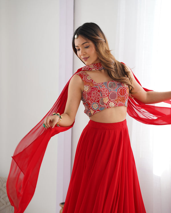 Exquisite Red Fox Georgette Lehenga Choli – Fully Stitched with Embroidered Blouse & Dupatta