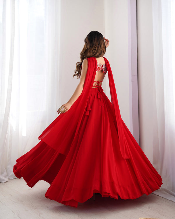 Exquisite Red Fox Georgette Lehenga Choli – Fully Stitched with Embroidered Blouse & Dupatta