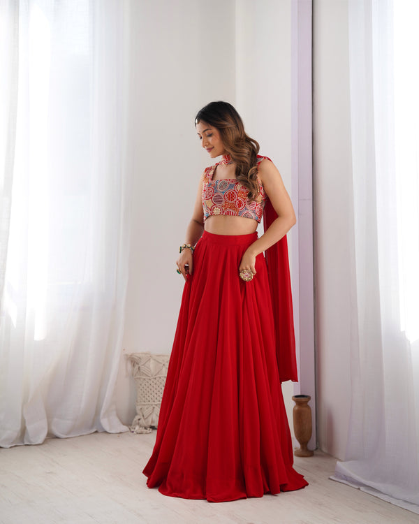 Exquisite Red Fox Georgette Lehenga Choli – Fully Stitched with Embroidered Blouse & Dupatta