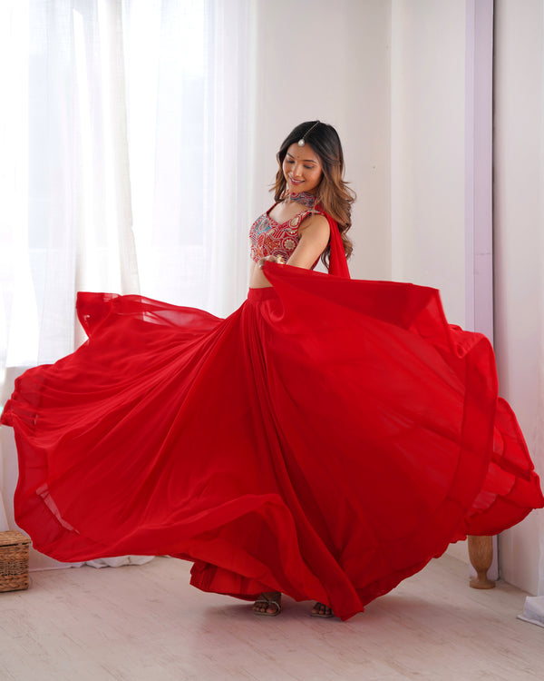Exquisite Red Fox Georgette Lehenga Choli – Fully Stitched with Embroidered Blouse & Dupatta