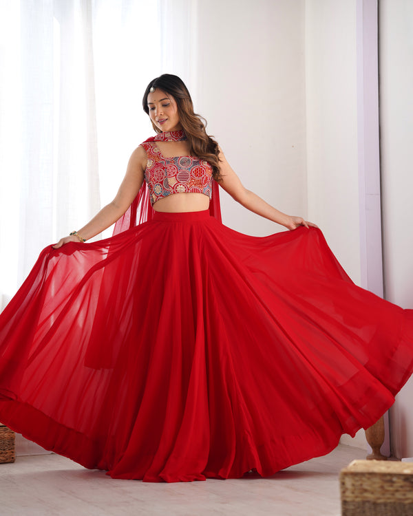 Exquisite Red Fox Georgette Lehenga Choli – Fully Stitched with Embroidered Blouse & Dupatta