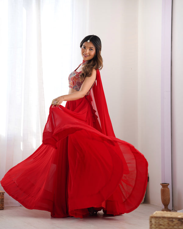 Exquisite Red Fox Georgette Lehenga Choli – Fully Stitched with Embroidered Blouse & Dupatta