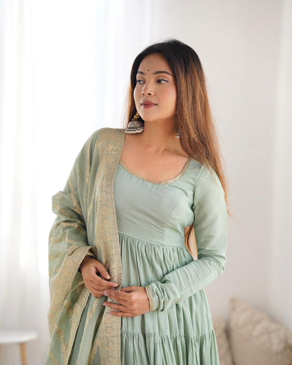 Graceful Roman Silk Chanderi Anarkali Suit – Luxurious Festive & Wedding Wear