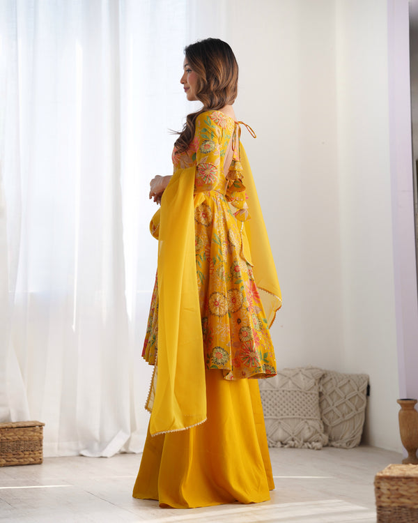 Vibrant Yellow & Rani Pink Kediya Style Kurta Set – Fully Stitched with Dupatta & Palazzo