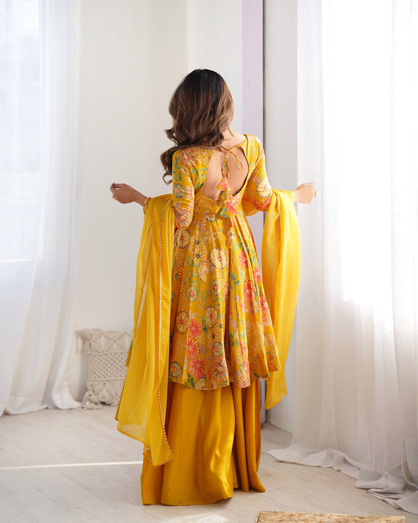 Vibrant Yellow & Rani Pink Kediya Style Kurta Set – Fully Stitched with Dupatta & Palazzo