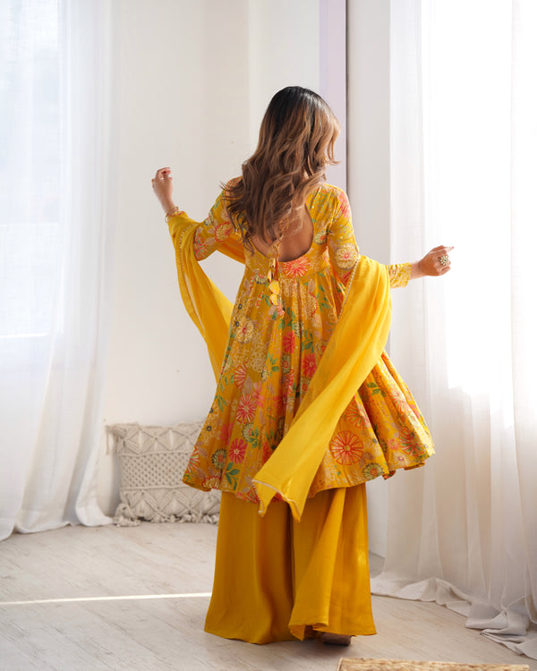 Vibrant Yellow & Rani Pink Kediya Style Kurta Set – Fully Stitched with Dupatta & Palazzo