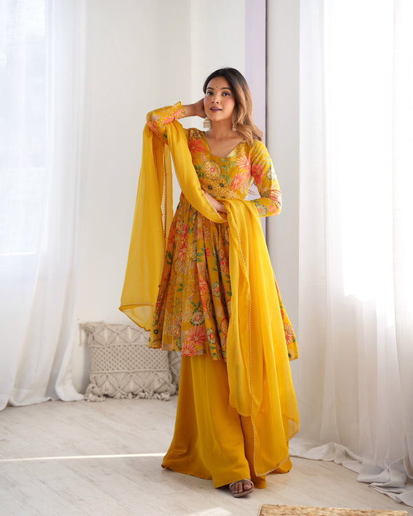 Vibrant Yellow & Rani Pink Kediya Style Kurta Set – Fully Stitched with Dupatta & Palazzo