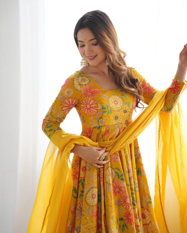 Vibrant Yellow & Rani Pink Kediya Style Kurta Set – Fully Stitched with Dupatta & Palazzo