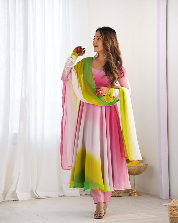 Vibrant Multicolor Fox Georgette Anarkali Set – Fully Stitched with Dupatta & Pant