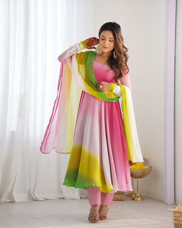 Vibrant Multicolor Fox Georgette Anarkali Set – Fully Stitched with Dupatta & Pant