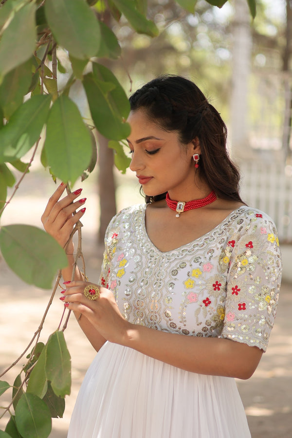 Premium faux blooming fabric Zari-thread and sequin embroidery