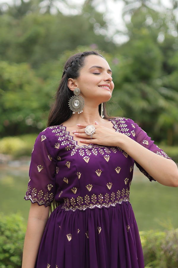 Premium faux blooming fabric with intricate Zari-thread and sequin embroidery