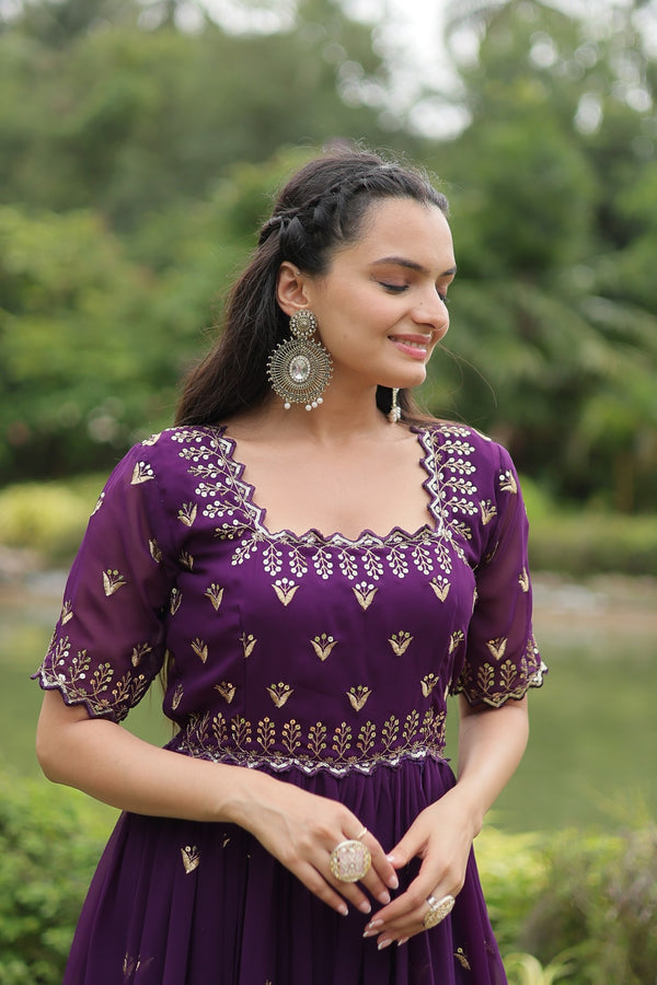 Premium faux blooming fabric with intricate Zari-thread and sequin embroidery