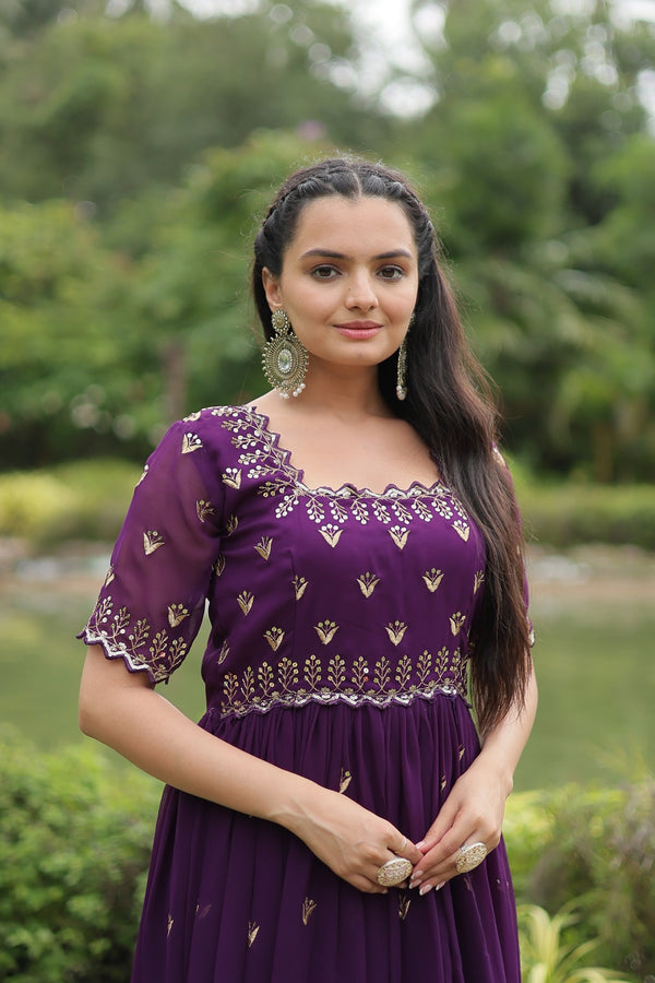 Premium faux blooming fabric with intricate Zari-thread and sequin embroidery
