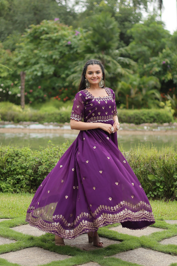 Premium faux blooming fabric with intricate Zari-thread and sequin embroidery