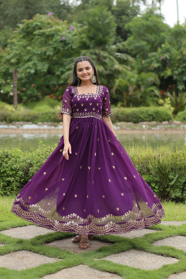 Premium faux blooming fabric with intricate Zari-thread and sequin embroidery