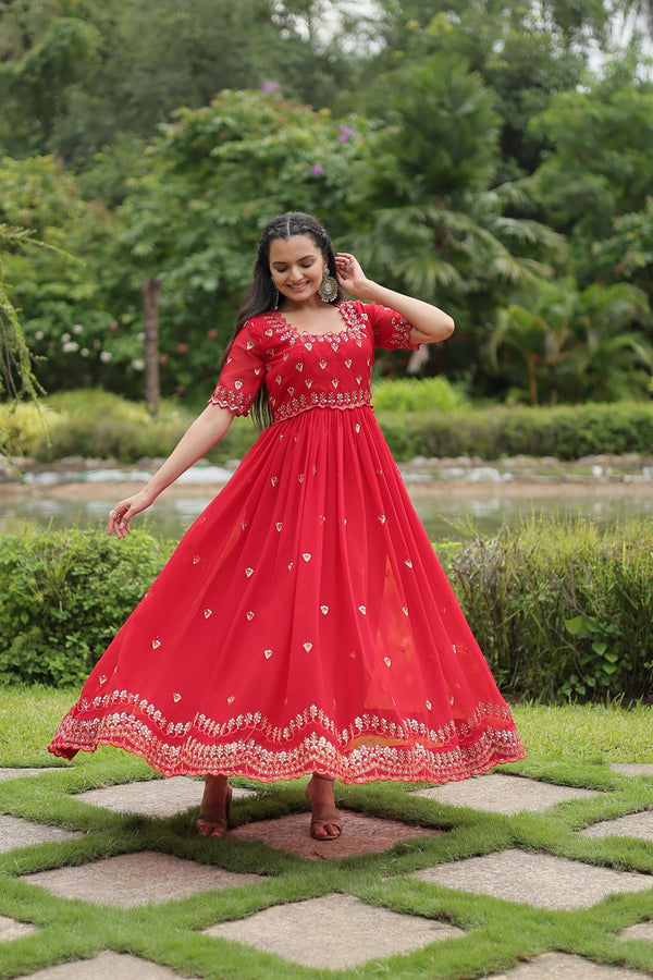 Premium faux blooming fabric with intricate Zari-thread and sequin embroidery
