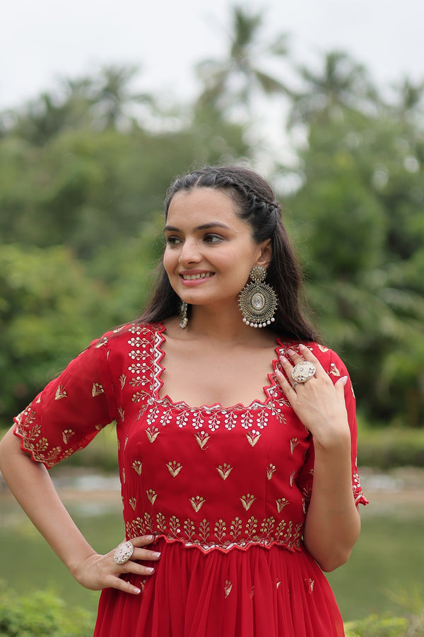 Premium faux blooming fabric with intricate Zari-thread and sequin embroidery
