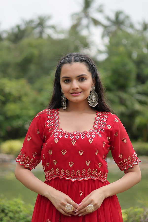 Premium faux blooming fabric with intricate Zari-thread and sequin embroidery