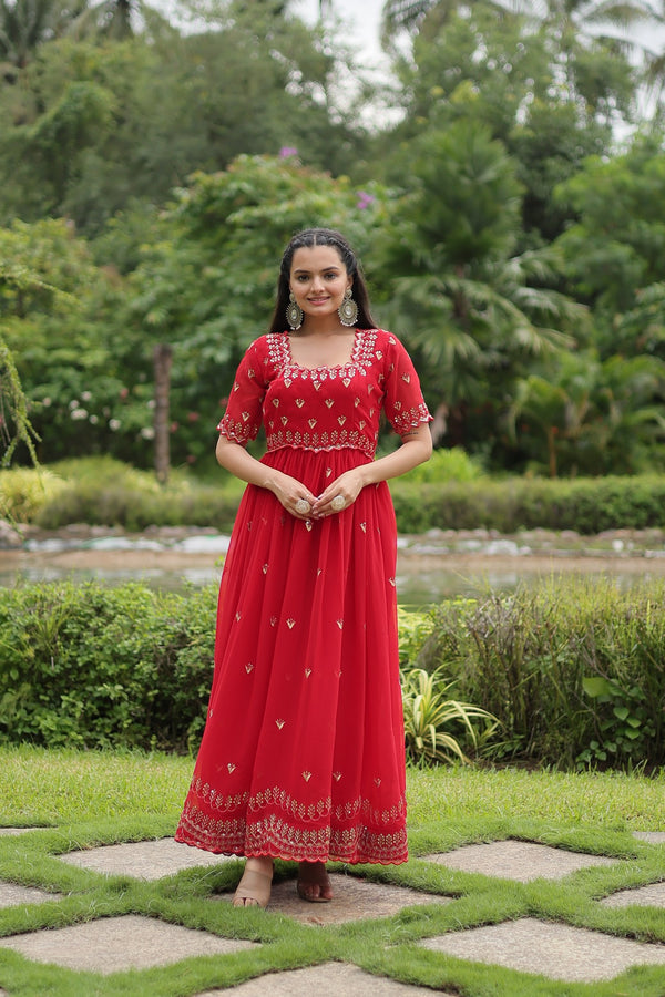 Premium faux blooming fabric with intricate Zari-thread and sequin embroidery