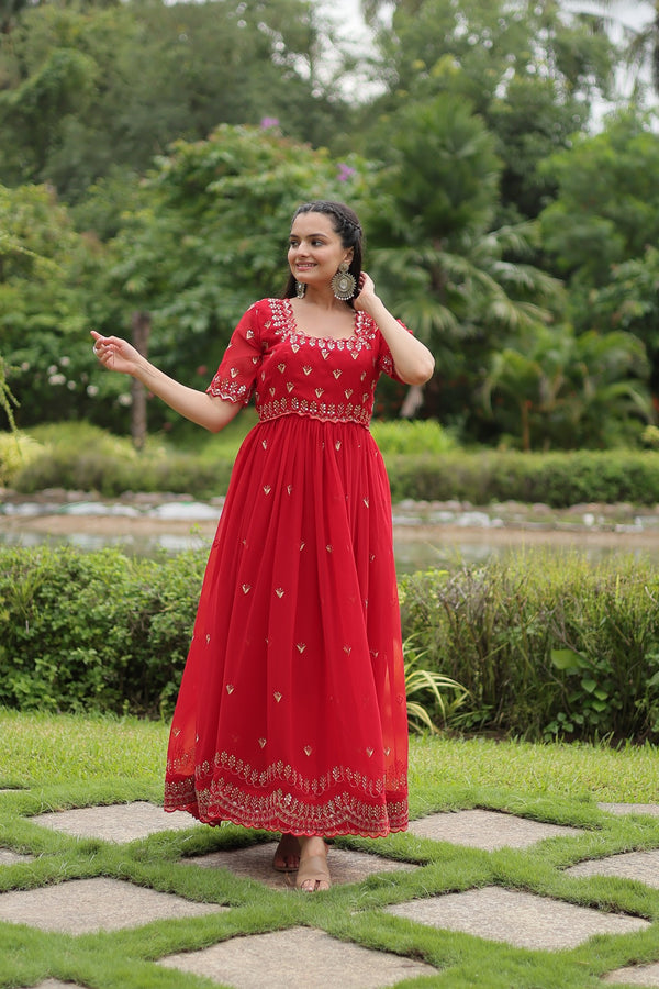 Premium faux blooming fabric with intricate Zari-thread and sequin embroidery