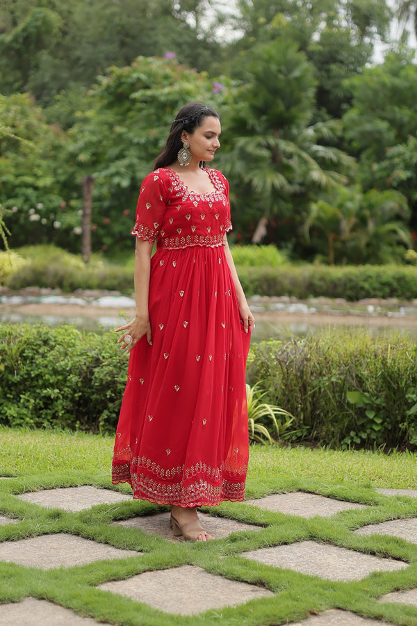 Premium faux blooming fabric with intricate Zari-thread and sequin embroidery