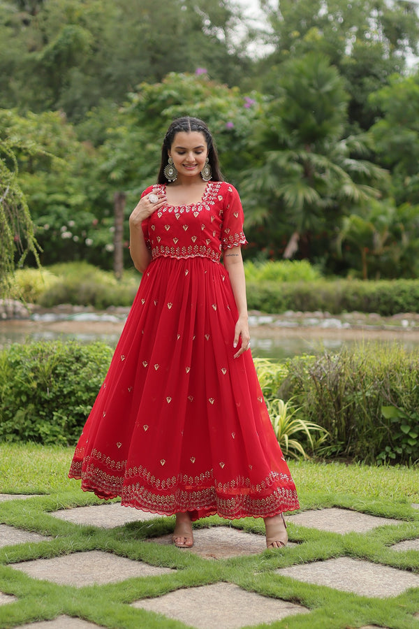 Premium faux blooming fabric with intricate Zari-thread and sequin embroidery