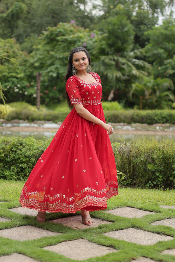 Premium faux blooming fabric with intricate Zari-thread and sequin embroidery