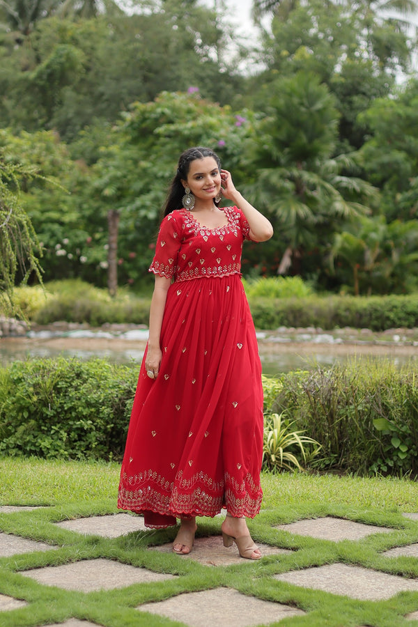 Premium faux blooming fabric with intricate Zari-thread and sequin embroidery