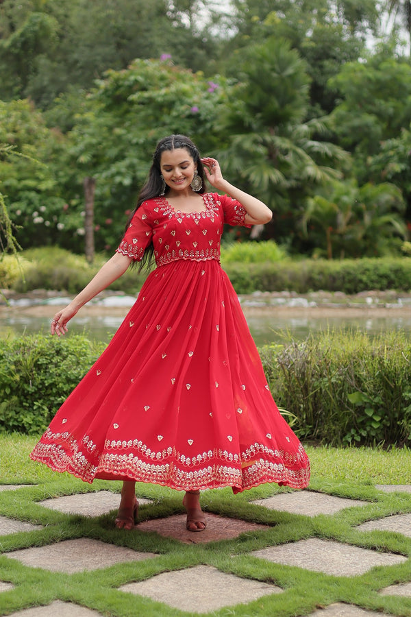 Premium faux blooming fabric with intricate Zari-thread and sequin embroidery