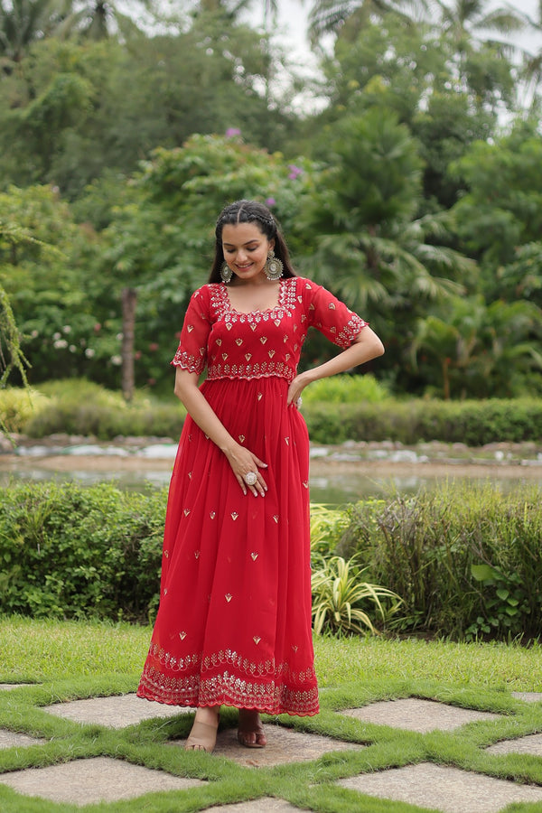 Premium faux blooming fabric with intricate Zari-thread and sequin embroidery
