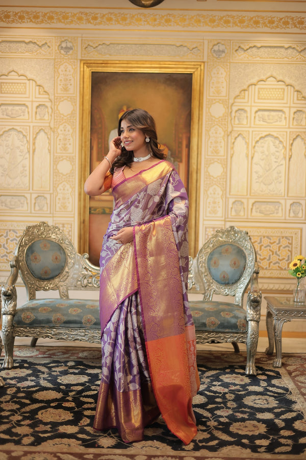 Lavender Premium Designer Kanjivaram Silk SareeZari Weaving Work
