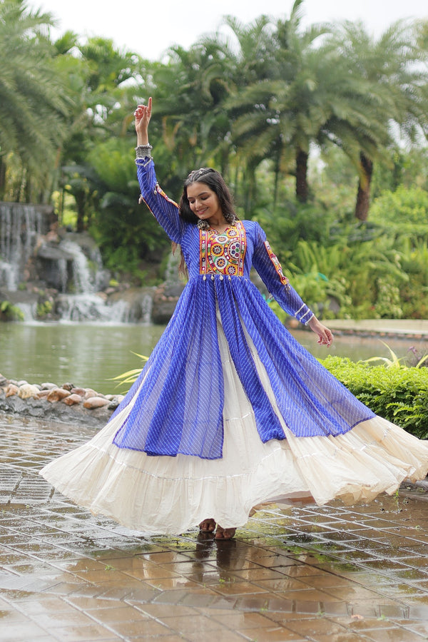 Designer Readymade Off-White Cotton Lehenga with Blue Leheriya Kurti