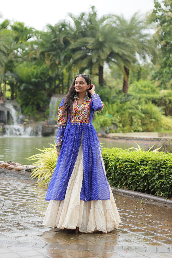 Designer Readymade Off-White Cotton Lehenga with Blue Leheriya Kurti