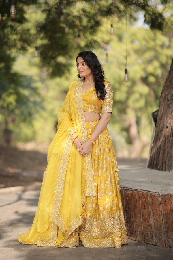 Designer Yellow Viscose Jacquard Lehenga Choli with Russian Silk Dupatta