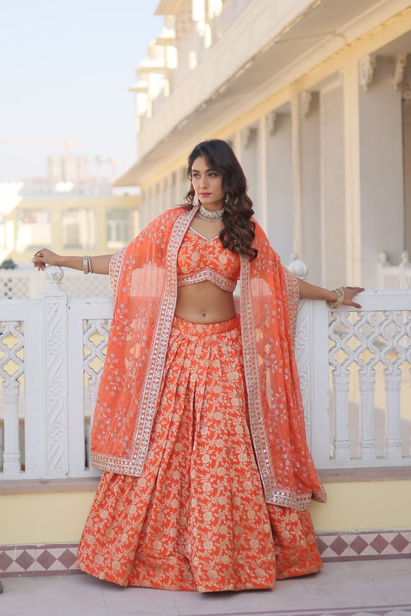 Elegant Orange Viscose Jacquard Lehenga Choli with Russian Silk Dupatta