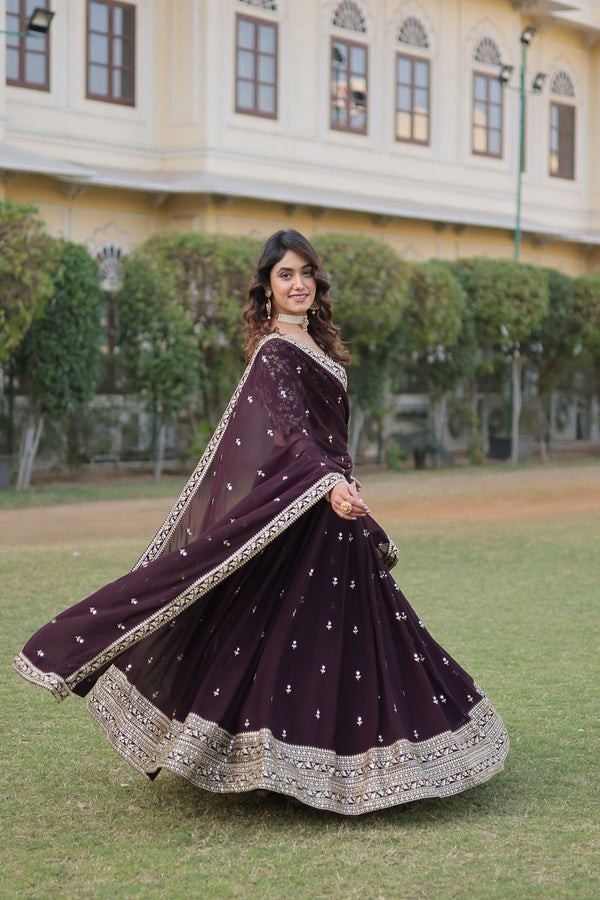 Wine Faux Blooming Lehenga Choli with Heavy Sequins and Multi Embroidery Work