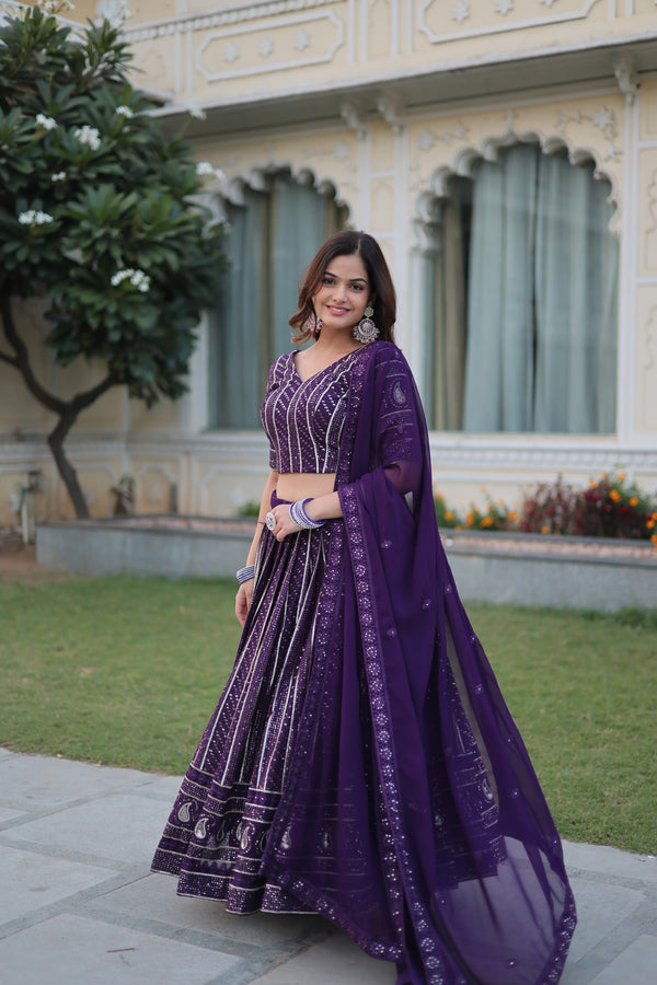 Stunning Dark Purple Faux Blooming Lehenga Choli with Heavy Sequins and Zari Embroidery