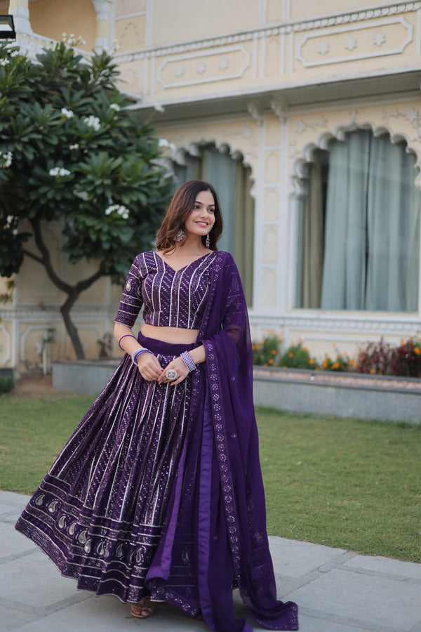 Stunning Dark Purple Faux Blooming Lehenga Choli with Heavy Sequins and Zari Embroidery
