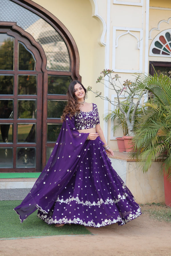 Designer Faux Blooming Georgette Lehenga Choli with Dupatta in Dark Purple
