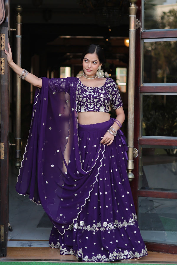 Designer Faux Blooming Georgette Lehenga Choli with Dupatta in Dark Purple