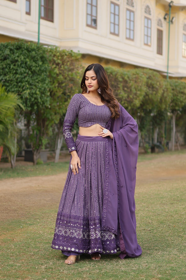 Purple Faux Georgette Sequins Embroidered Lehenga Choli with Dupatta