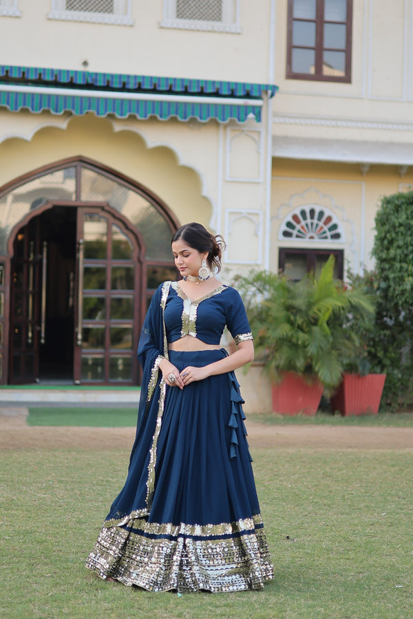 Navy Blue Faux Georgette Sequins Embroidered Lehenga Choli with Dupatta